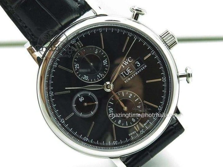 MIROTIME 0420 Portofino Chrono SS Black Dial on Black Leather Strap A Refined 7390